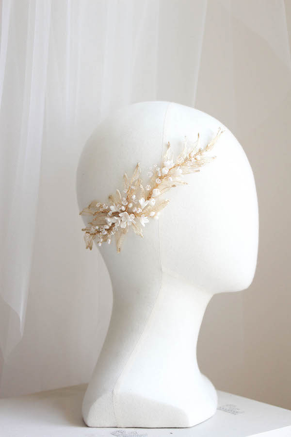 Bespoke for Natalie_Gold pearl bridal hair piece with leaves