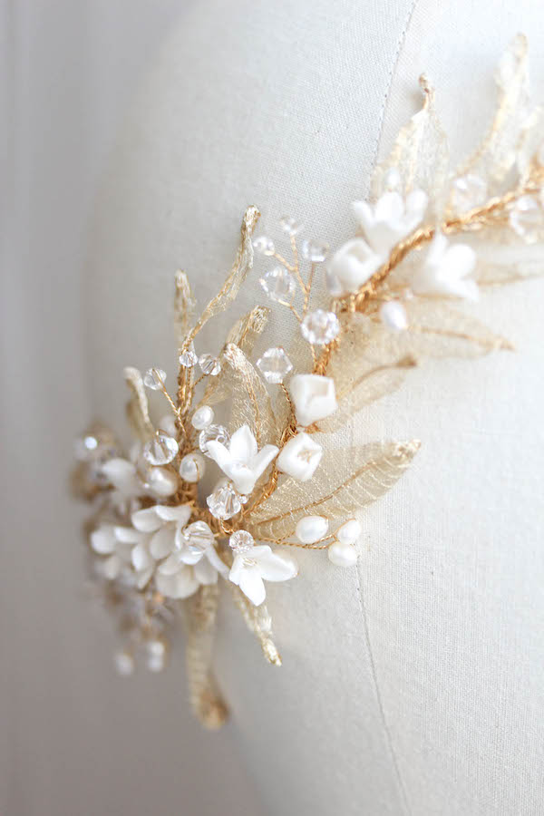 Bespoke for Natalie_Gold pearl wedding hair piece with leaves