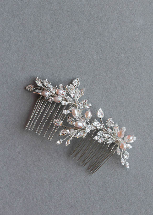 Blushing Beauties Silver and blush bridal hair combs TANIA MARAS