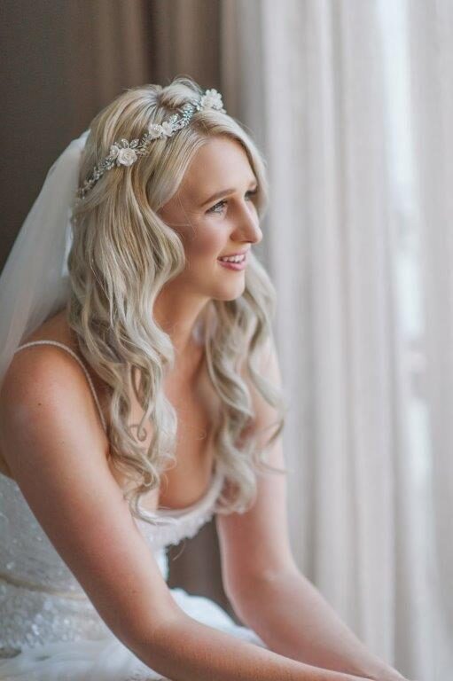 Bride Nicole wearing the Gabriel floral crown in silver 3