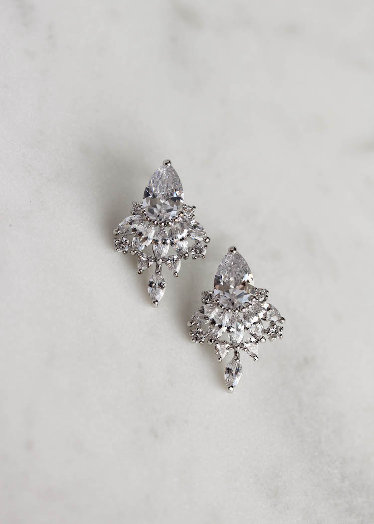 Silver Crystal Drop Earrings Art Deco 1920  Wedding Bride sparkle Baguette