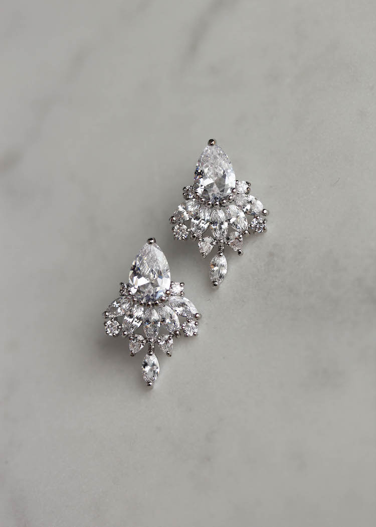 Earrings Studs Silver Dangle Clear Crystal Art Deco Pearl Filigree Wedding P1 