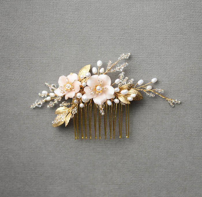 Blush Flower Headpiece Floral Hair Piece Bridal Hair Comb Pearl Bridal Hair Comb VICTORIA Gold Bridal Hair Comb