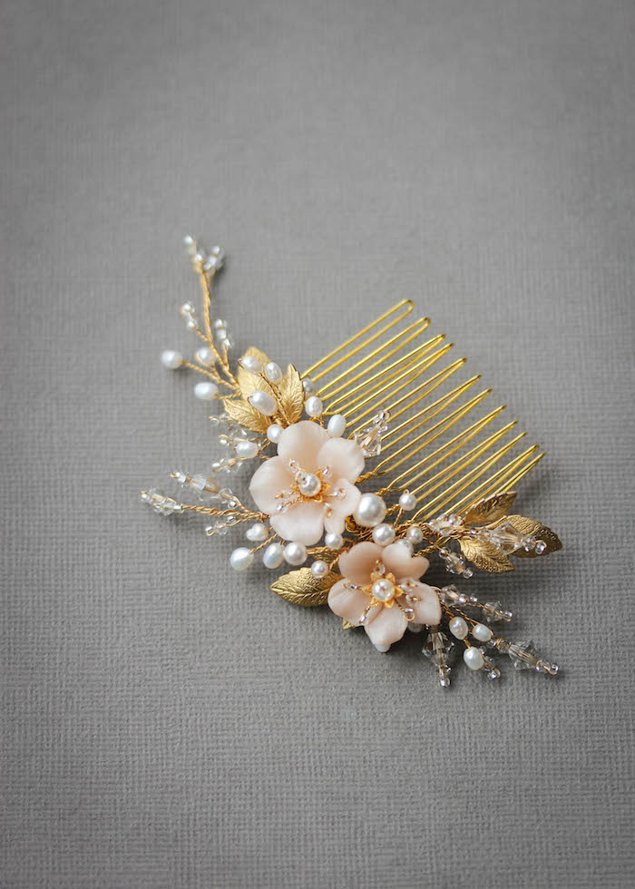 BESPOKE for Marcella | Pearl bridal hair comb with blush flowers 2