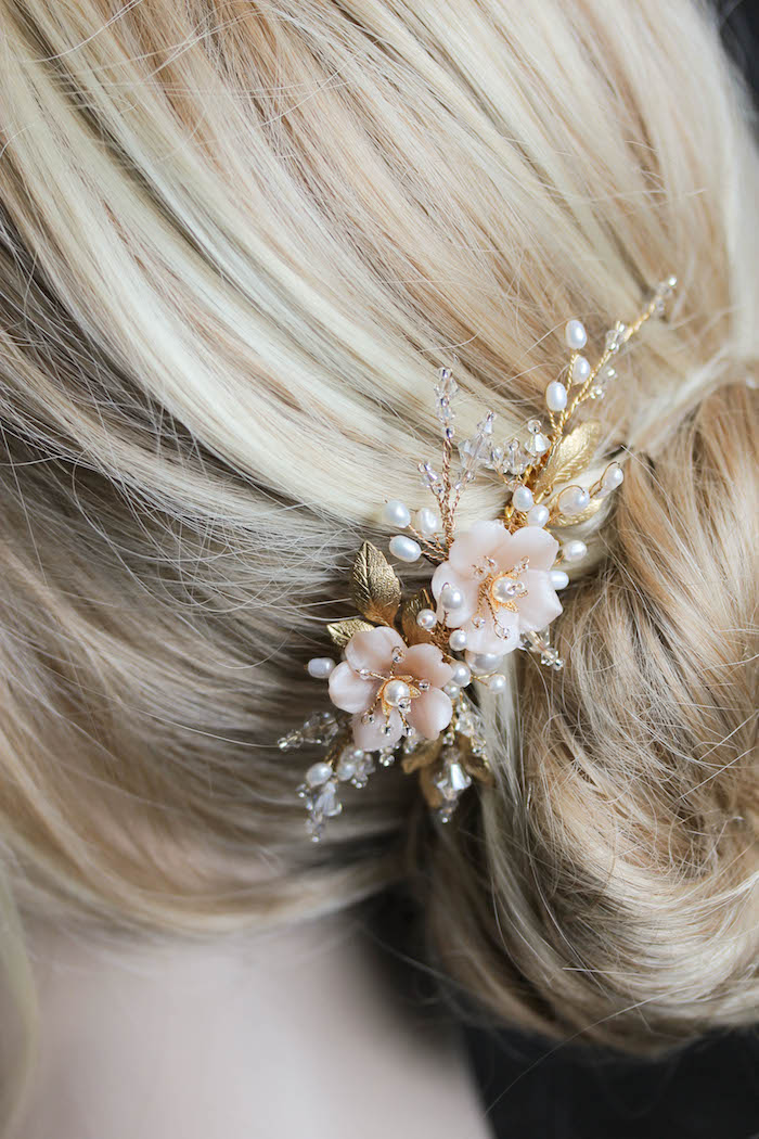BESPOKE for Marcella | Pearl bridal hair comb with blush flowers 3