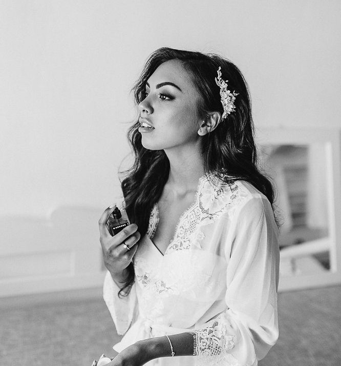 Bride Jess wearing bespoke silver floral hair comb