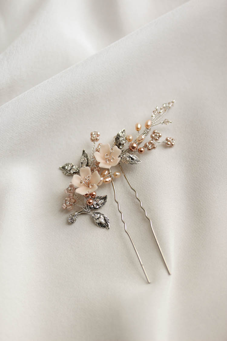 Twigs & Honey Bridal Floral Handmade Clay Hairpins - Pearlescent Blossom Bridal Hair Pin Set of 2 - Style #2175