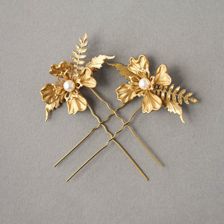Feminine Fernery Gold Fern Wedding Hair Pins With Pearls