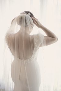 Bride Isabelle wearing LOREN chapel veil with pearls 1