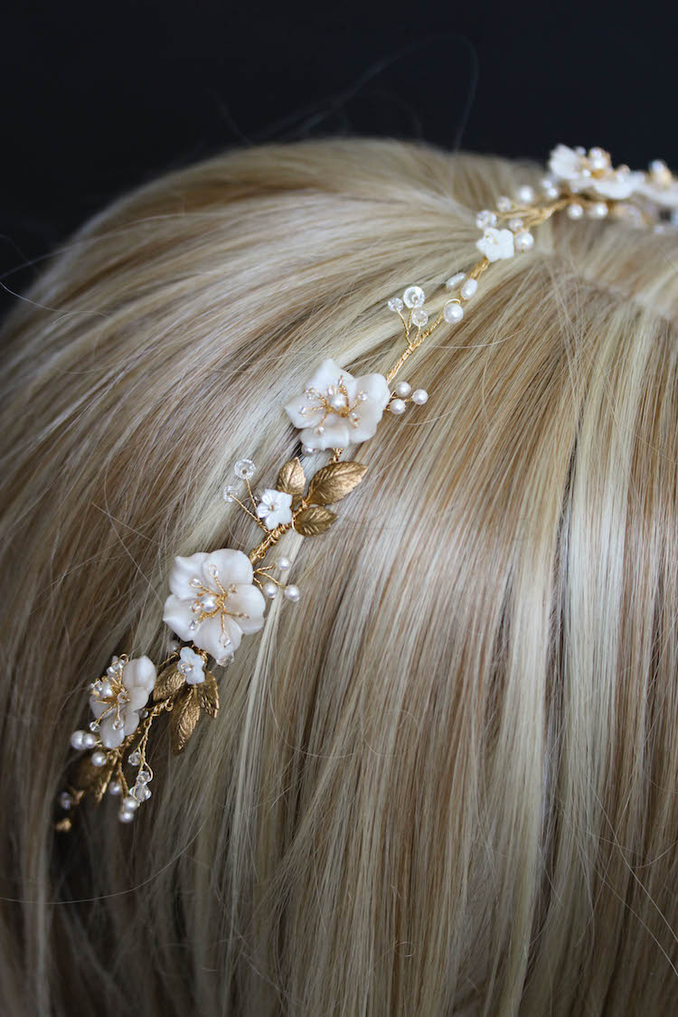 Bespoke for Samantha_gold Poetic bridal headpiece with scattered flowers and pearls 7