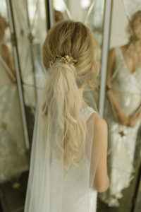 GEMINI gold floral hair piece for a bridal ponytail