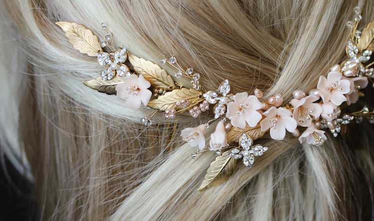Blush Botanicals | A bespoke gold and blush pink headpiece for bride Leza