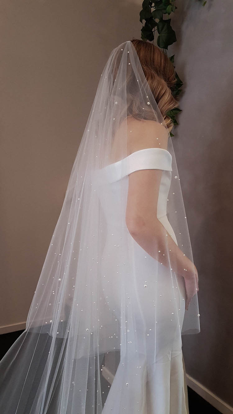 Wedding Bridal Veil Shoulder Pearls 2Tiers 54" Width 15" 17" length Ribbon Edge 