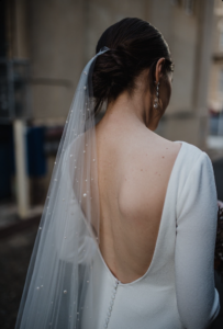 Bride Caitlin wears DEWBERRY veil with pearls 2