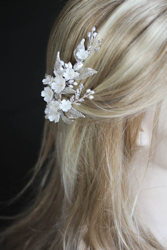 Bespoke For Thuy A Silver Floral Hair Comb With Pearls 4