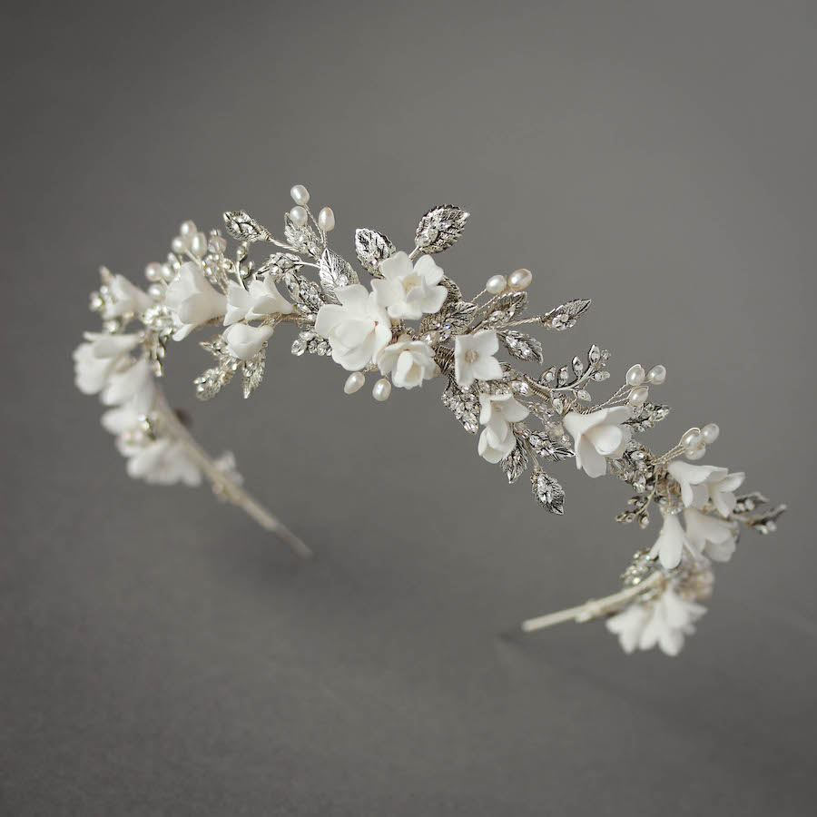Bespoke for Samantha_silver crystal crown with white flowers 7