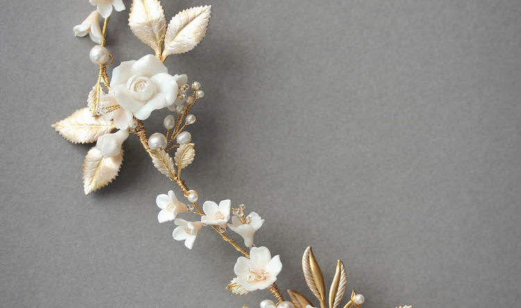 A pale gold and champagne bridal headpiece for Christina