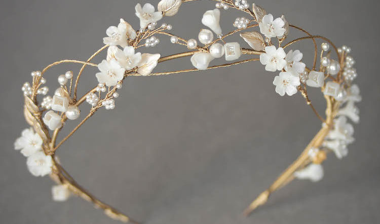 An airy and romantic floral bridal crown for bride Megan