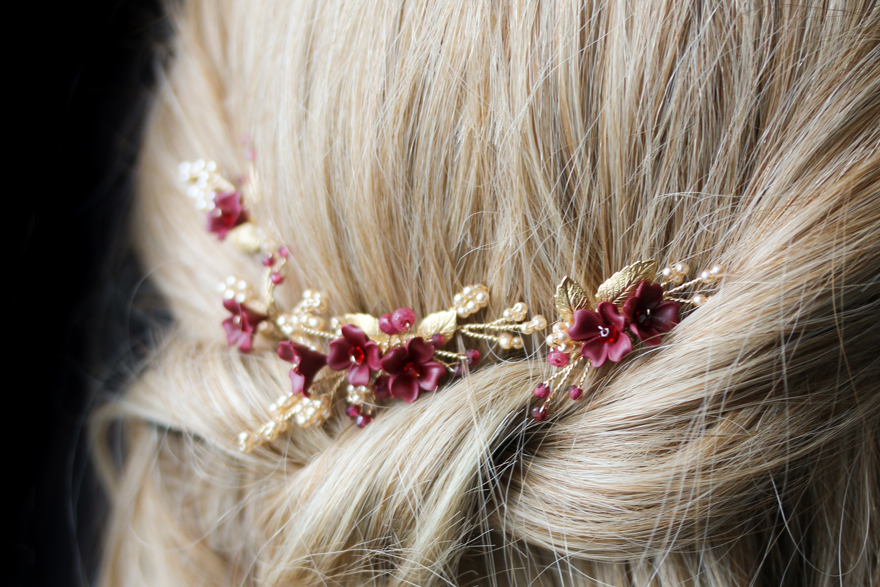Gold and regal red bridal hair pins for Ella
