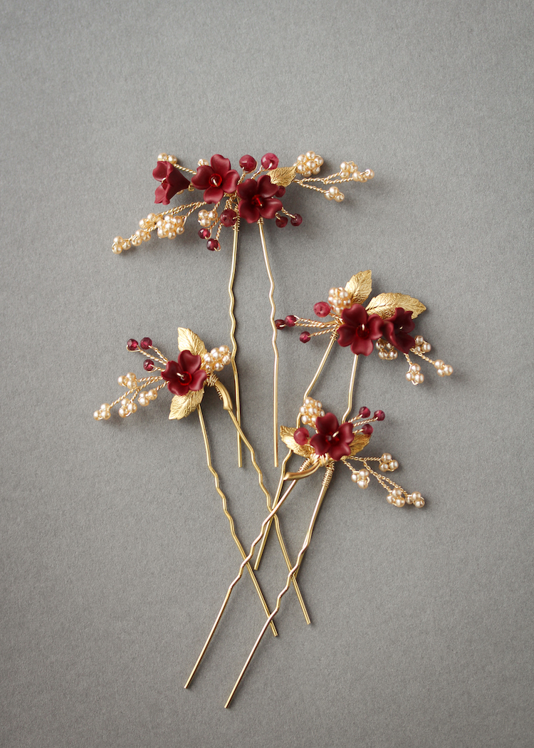 Regal red and gold floral hair pins for Ella 1