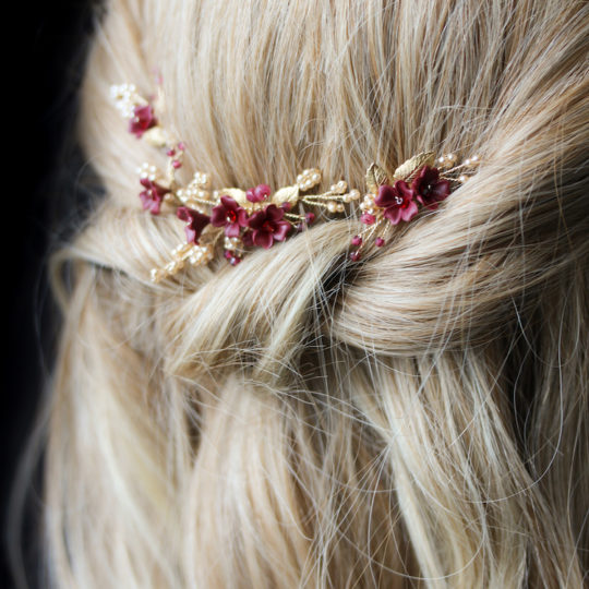 Regal red and gold floral hair pins for Ella 2