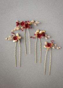 Regal red and gold floral hair pins for Ella 3