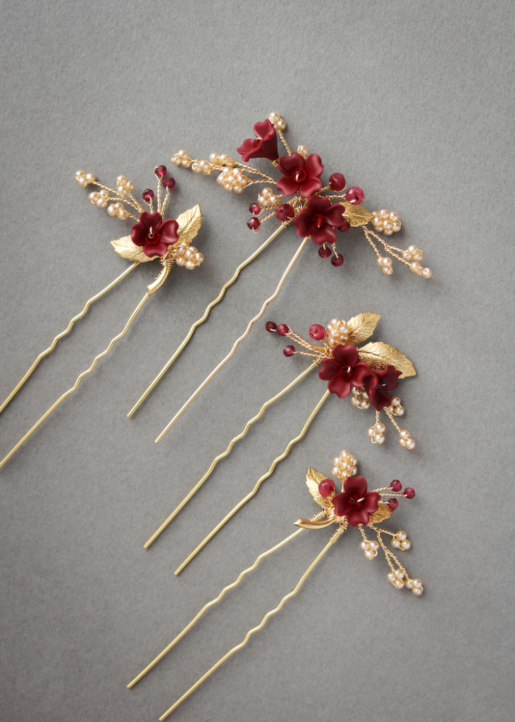 Gold and regal red bridal hair pins for Ella TANIA MARAS BRIDAL