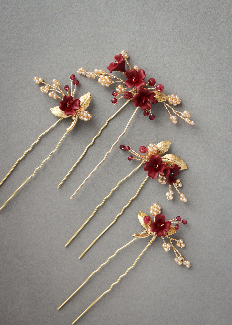 Regal red and gold floral hair pins for Ella 4