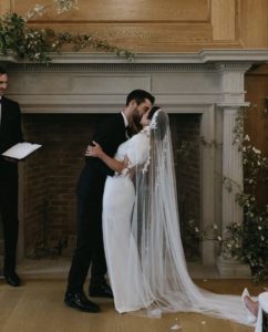 Bride Alexa wears the Carmen wedding veil