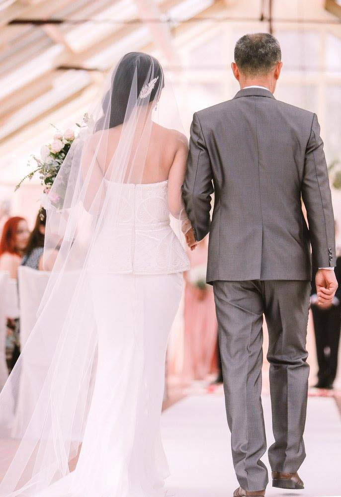 Bride Becky wears chapel wedding veil