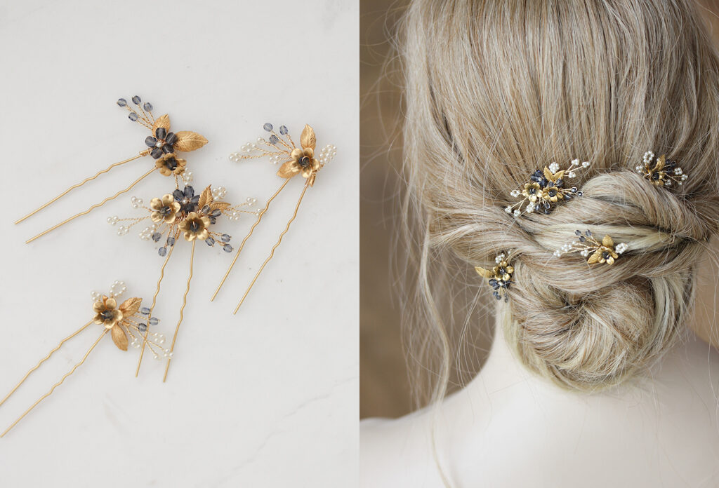 Bespoke for Kay_Meadow hair pins with blue crystal beads