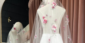 Crafting a bespoke pink wedding veil for Leeda