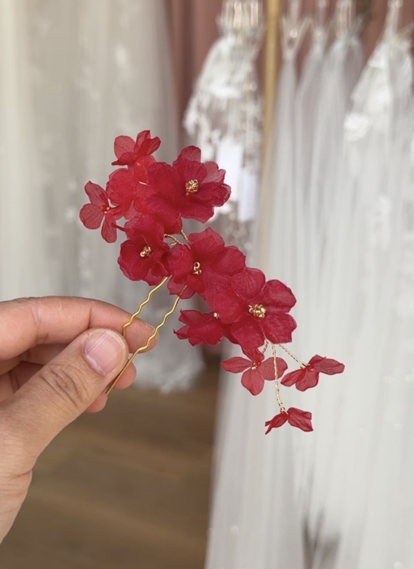 Red floral hair pin for Christine