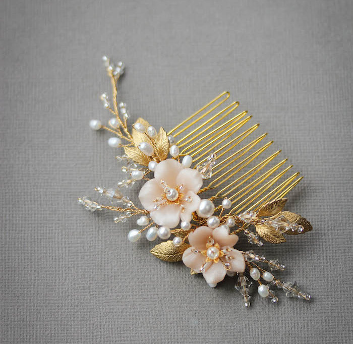 Bespoke For Marcella Pearl Bridal Hair Comb With Blush Flowers 2