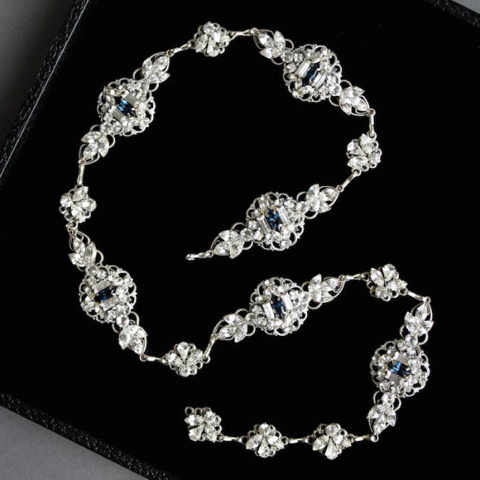 Bespoke For Elizabeth Art Deco Silver Headpiece With Empire Blue Crystals 10
