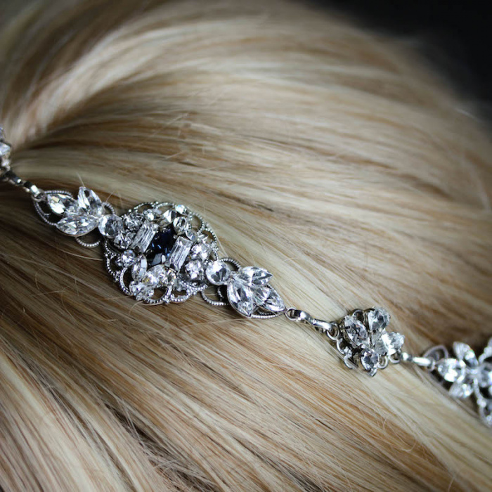 Bespoke For Elizabeth Art Deco Silver Headpiece With Empire Blue Crystals 5