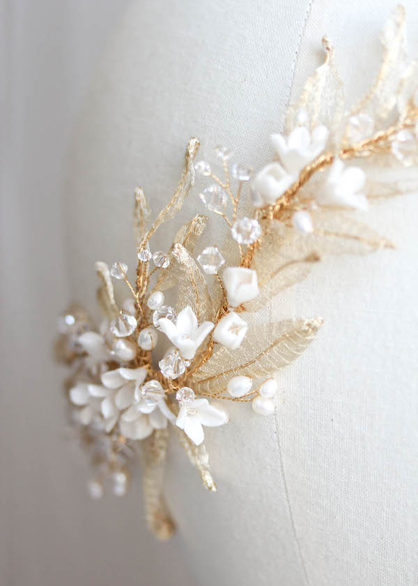 Bespoke For Natalie Gold Pearl Wedding Hair Piece With Leaves 3.jpg