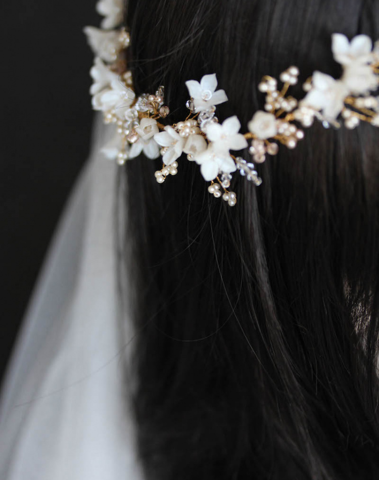 Bespoke For Pauline Gold Floral Wedding Halo In Ivory Blush 11