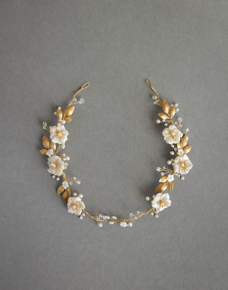 Bespoke For Samantha Gold Poetic Bridal Headpiece With Scattered Flowers And Pearls 2