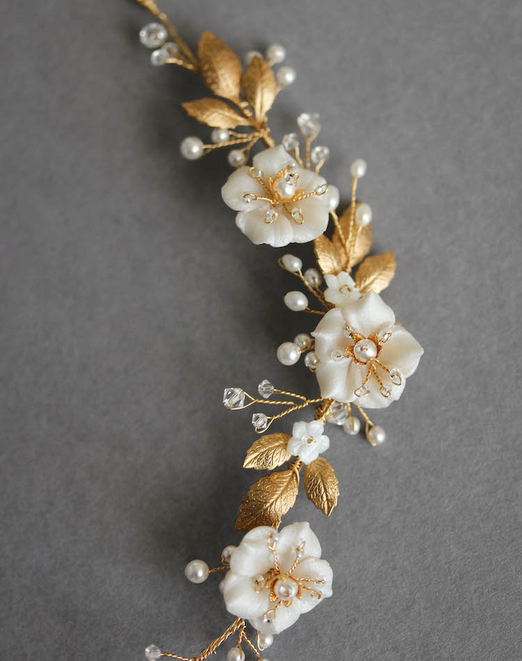 Bespoke For Samantha Gold Poetic Bridal Headpiece With Scattered Flowers And Pearls 3