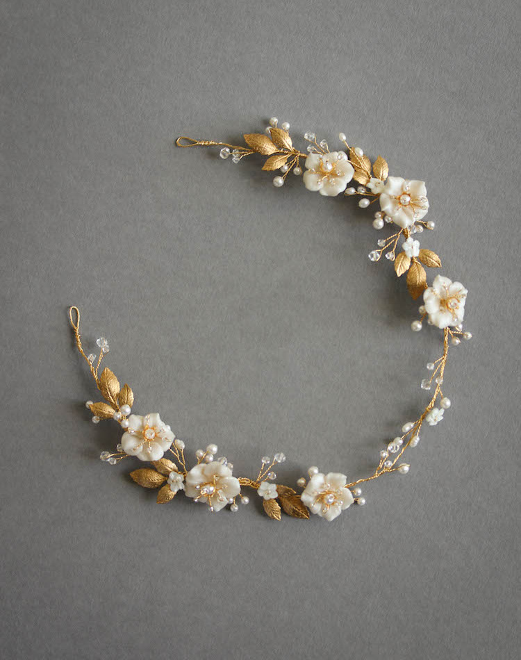 Bespoke For Samantha Gold Poetic Bridal Headpiece With Scattered Flowers And Pearls 6