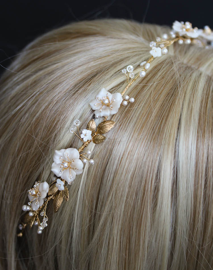 Bespoke For Samantha Gold Poetic Bridal Headpiece With Scattered Flowers And Pearls 7