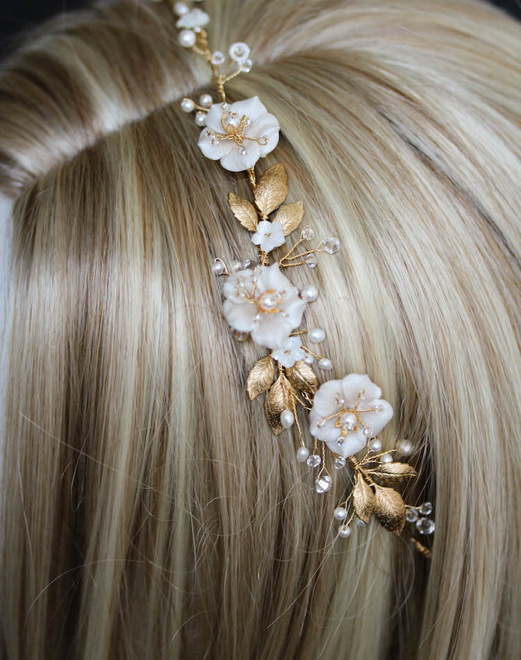 Bespoke For Samantha Gold Poetic Bridal Headpiece With Scattered Flowers And Pearls 8