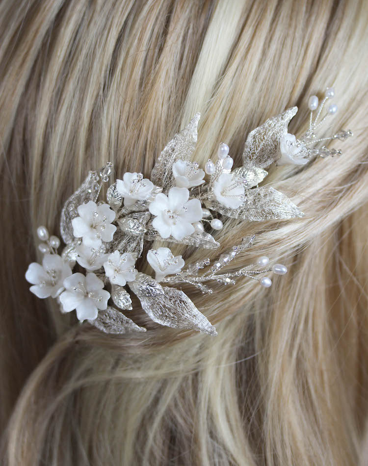 Bespoke For Thuy A Silver Floral Hair Comb With Pearls 7
