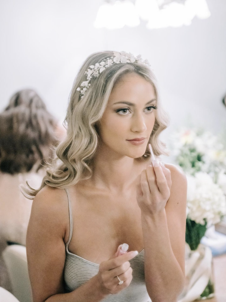 Bride Becca Wears Silver Flores Crown 1