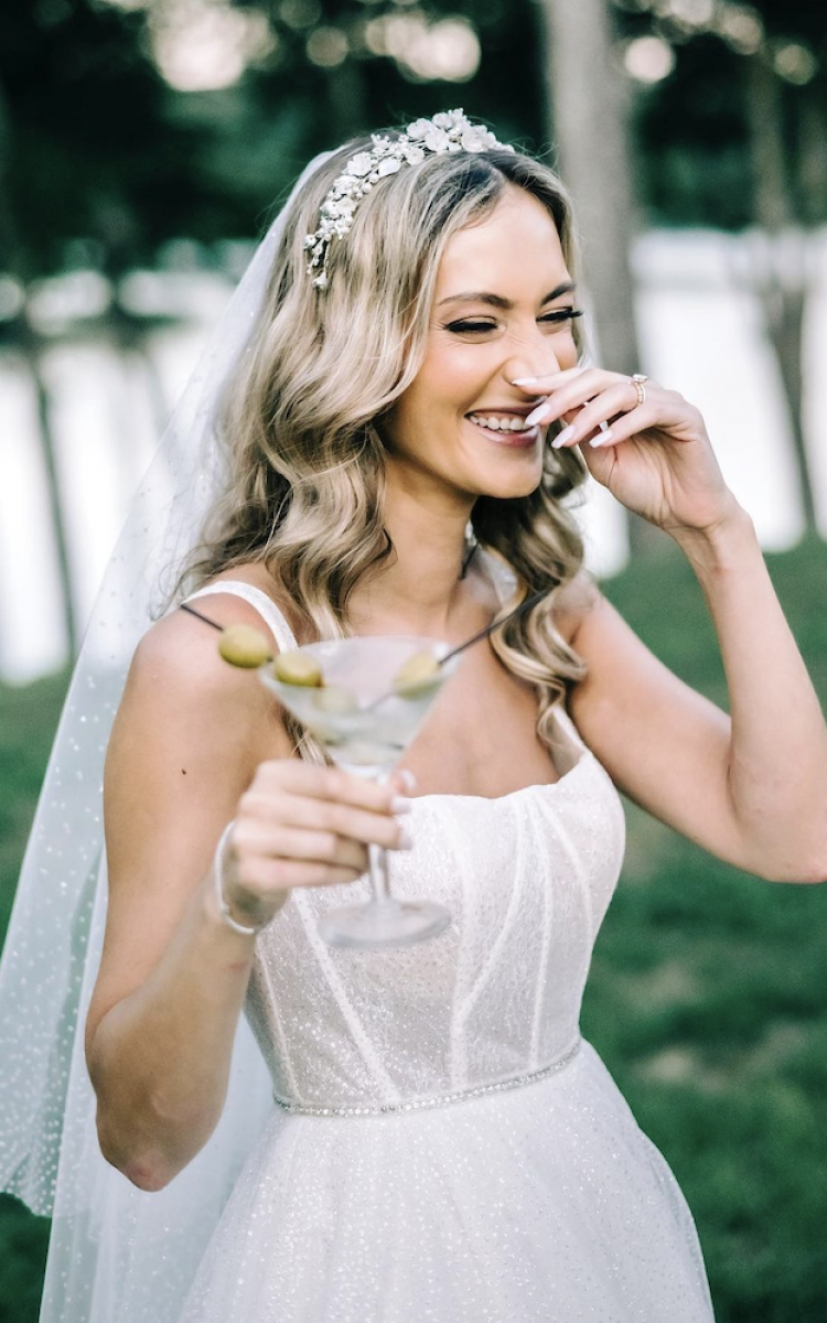 Bride Becca Wears Silver Flores Crown