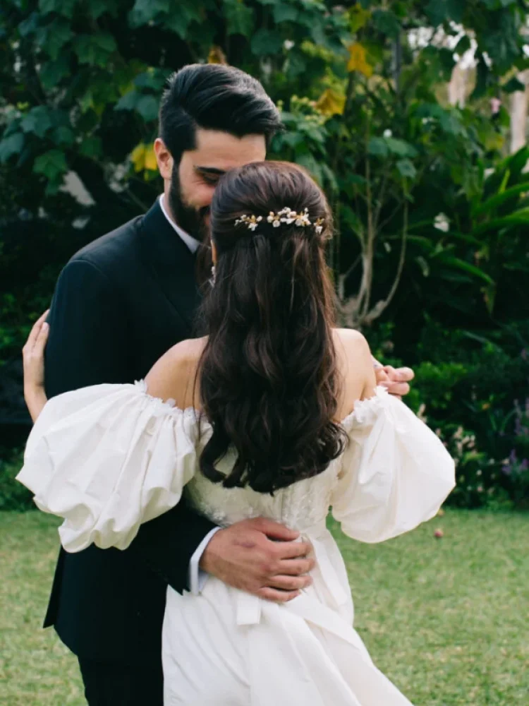 Bride Carmen Wearing Meadow Hair Pins In Gold 2 683x1024