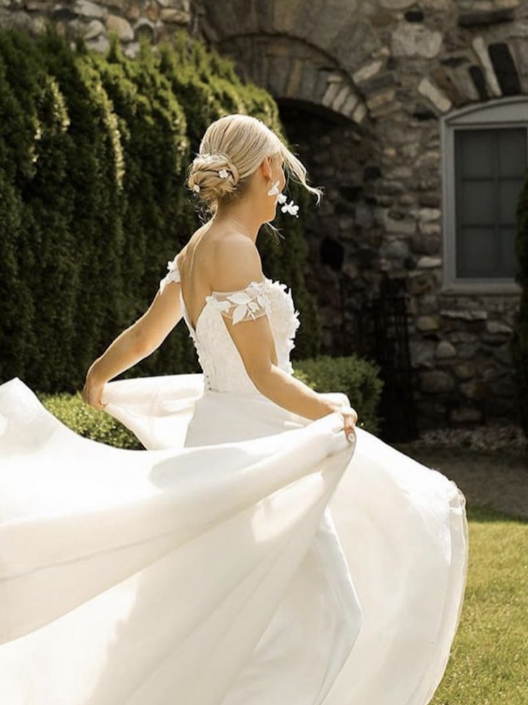 Bride Miranda Wears Willow Floral Bridal Earrings 3