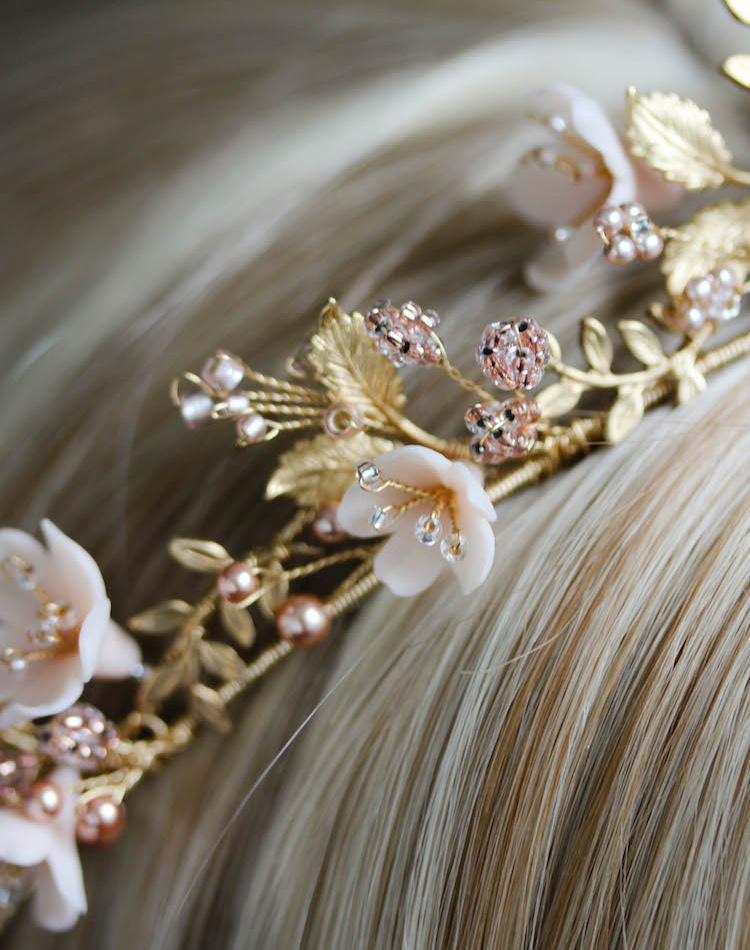 Wild Flowers Gold And Blush Floral Wedding Crown 8