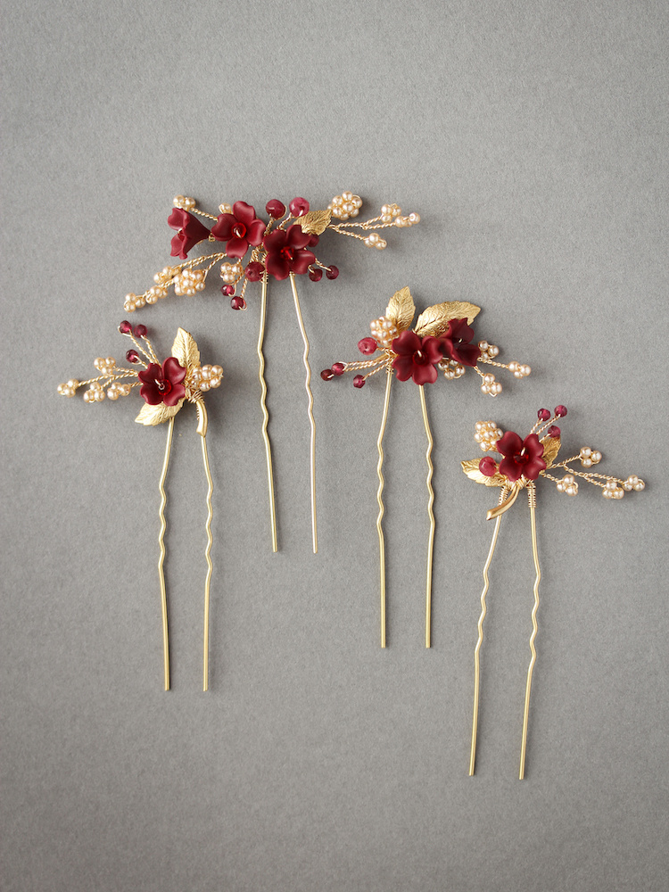 Regal Red And Gold Floral Hair Pins For Ella 3
